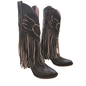 Junk Gypsy By Lane Dreamer Fringe Western Boots Snip Toe 6 Brown Leather Heart